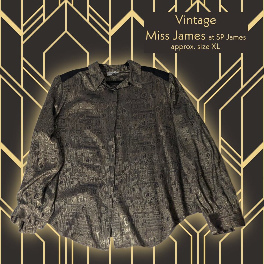 Vintage XL 80s Miss James at SP James Metallic Bronze/Black Button-Down Shirt